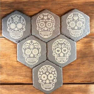 Hexagonal Gray Skull Coasters